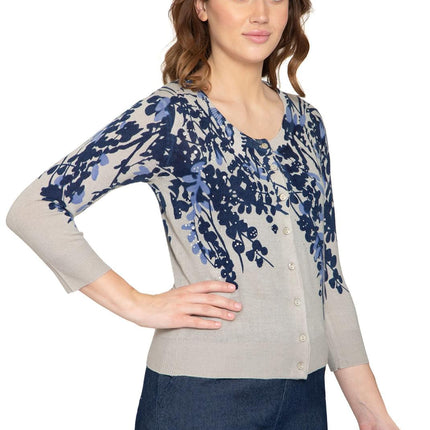 Women's 3/4 Sleeve Knit Printed And Embellished Cardigan Sweater