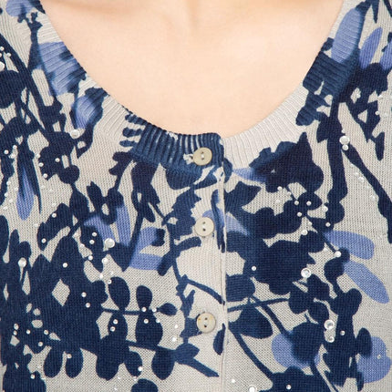 Women's 3/4 Sleeve Knit Printed And Embellished Cardigan Sweater