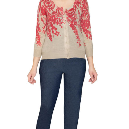 Women's 3/4 Sleeve Knit Printed And Embellished Cardigan Sweater