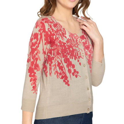 Women's 3/4 Sleeve Knit Printed And Embellished Cardigan Sweater