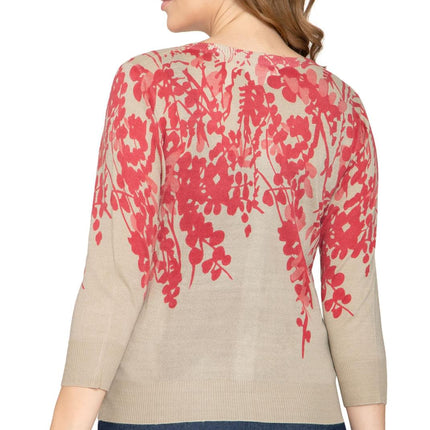 Women's 3/4 Sleeve Knit Printed And Embellished Cardigan Sweater