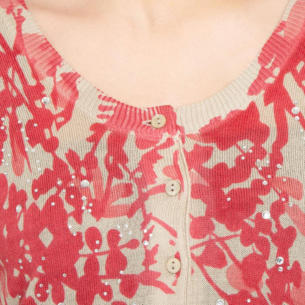 Women's 3/4 Sleeve Knit Printed And Embellished Cardigan Sweater