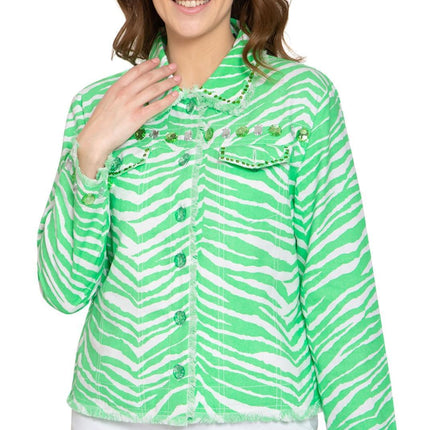 Women's Jewel Trimmed Zebra Printed Canvas Jacket