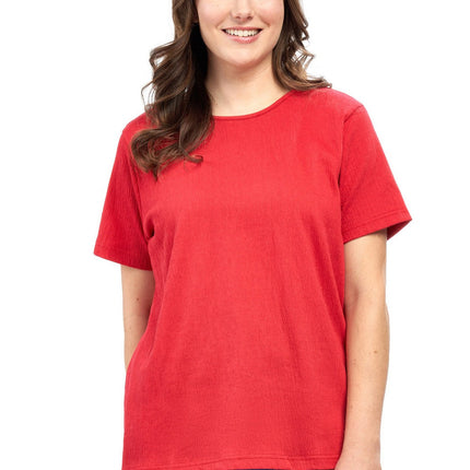 Women's Textured Knit T-shirt with Jewel Neckline and Short Sleeves
