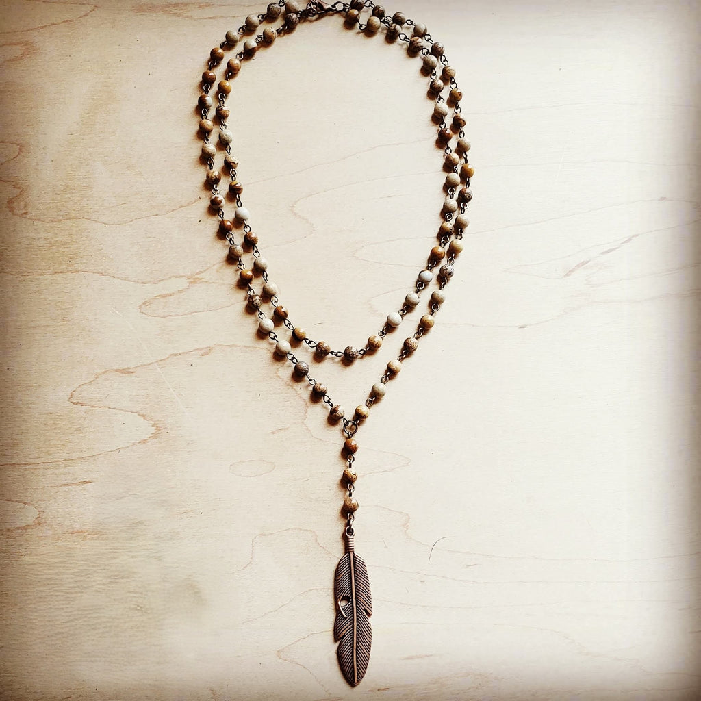 Double Strand Lariat Picture Jasper Necklace w/ Copper Feather 250u