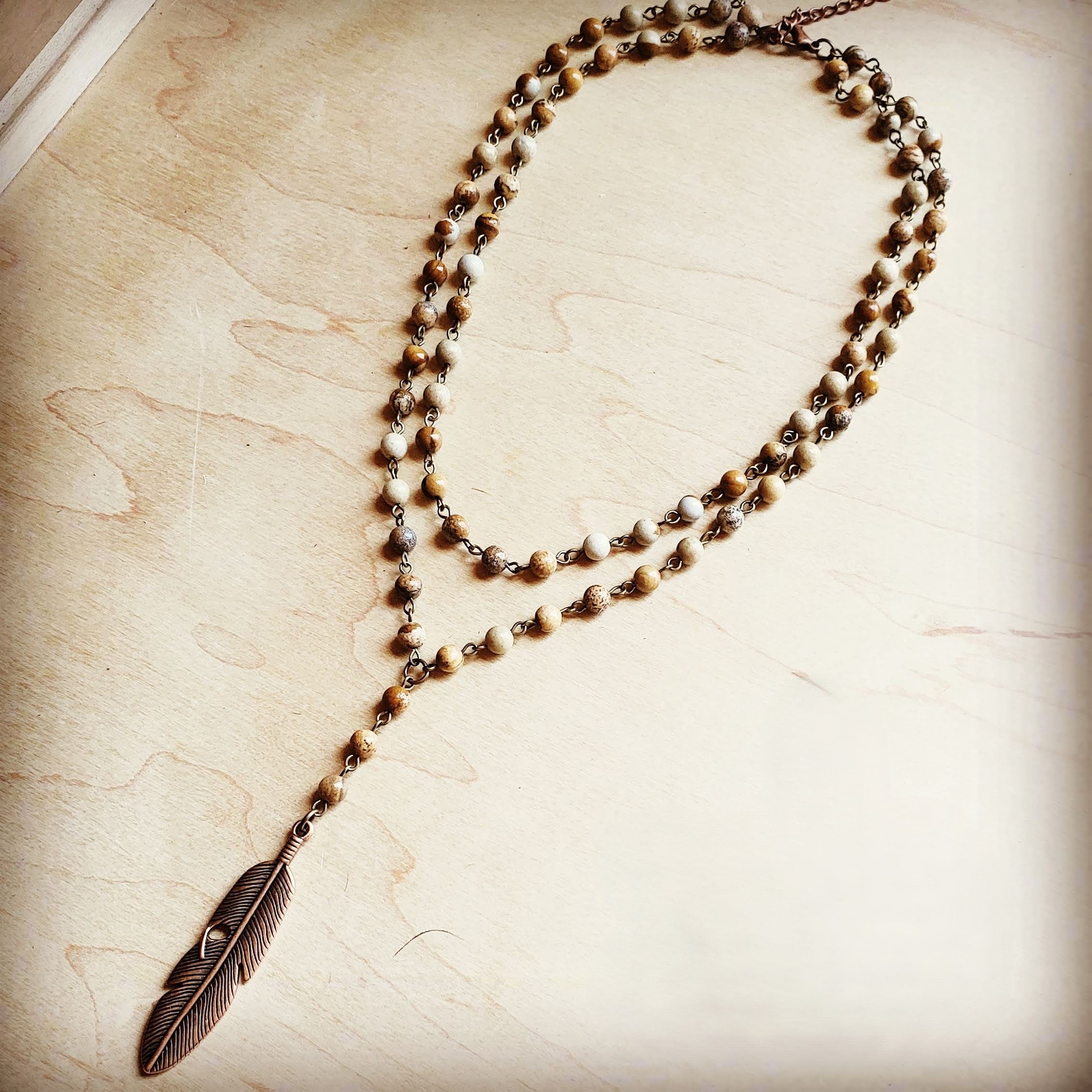 Double Strand Lariat Picture Jasper Necklace w/ Copper Feather 250u