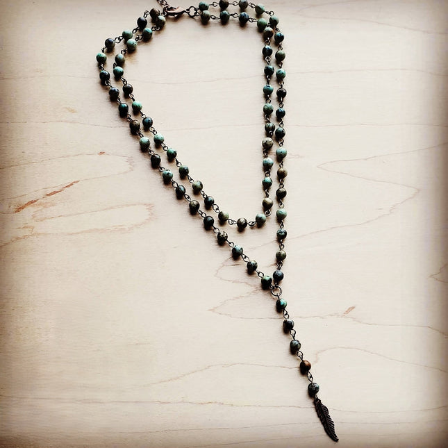 Double Strand Lariat African Turquoise Necklace w/ Copper Feather 251h
