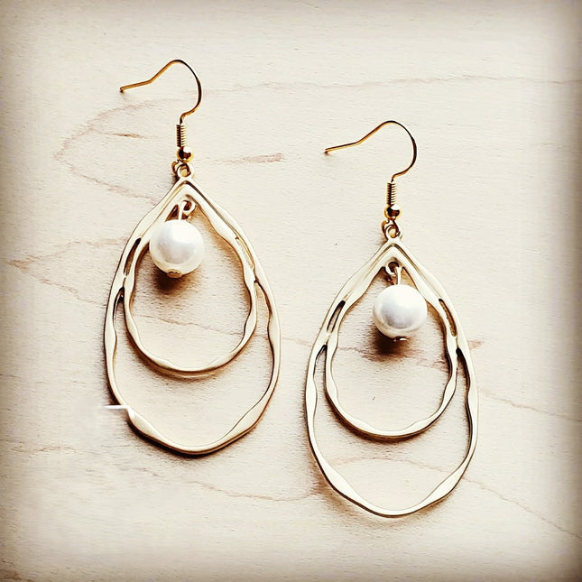 Matte Gold Double Hoop Earrings with Pearl Dangle 203t