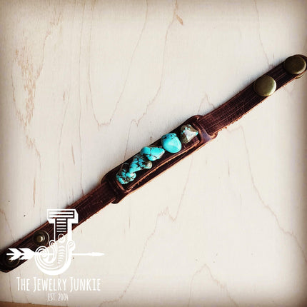Genuine Leather Narrow Cuff with Blue Turquoise Chunks 002a