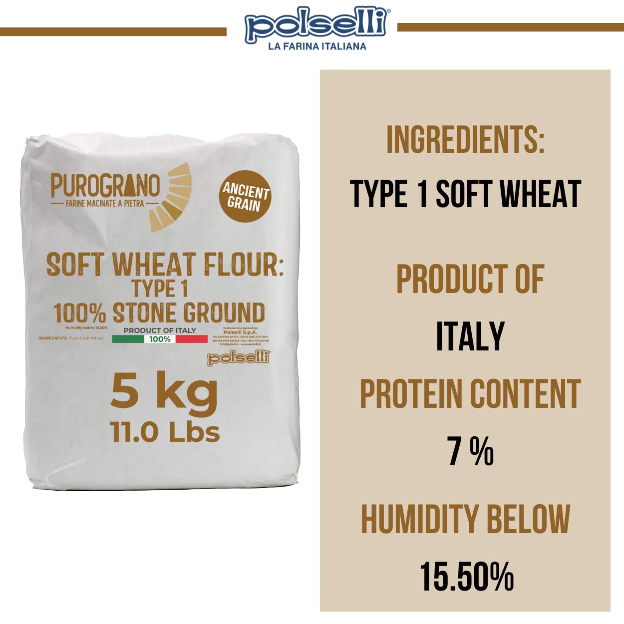 Polselli PuroGrano, Soft Wheat Flour Type 1 – 5kg (11 lb)