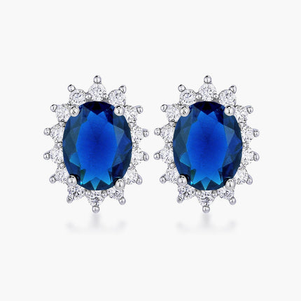 Rhodium Plated Sapphire Blue Petite Royal Oval Earrings