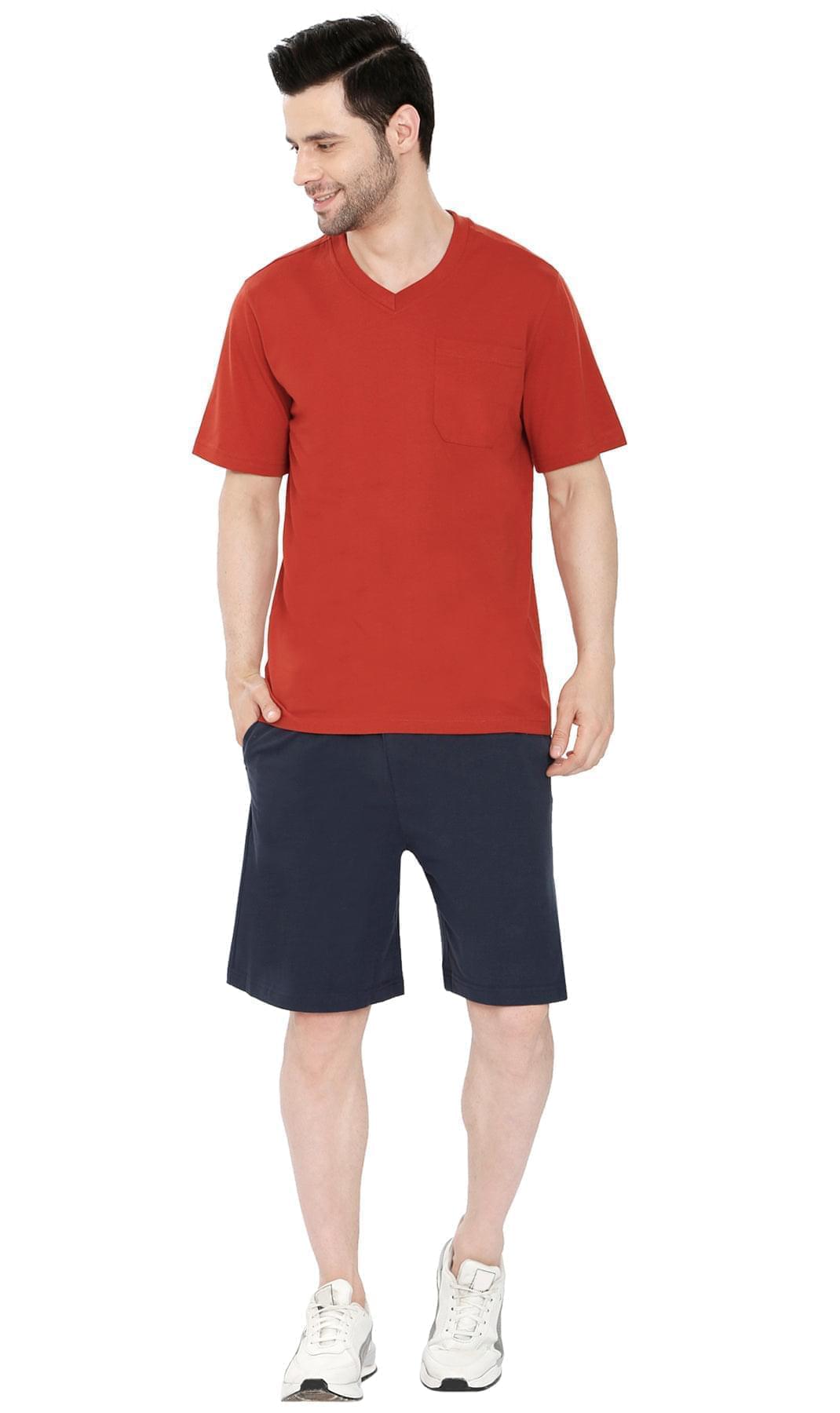 Men’s Short Sleeve Relaxed Fit V-Neck T-Shirt in Cotton Blend with Pocket