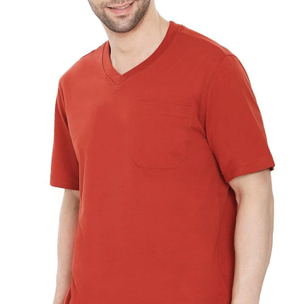 Men’s Short Sleeve Relaxed Fit V-Neck T-Shirt in Cotton Blend with Pocket