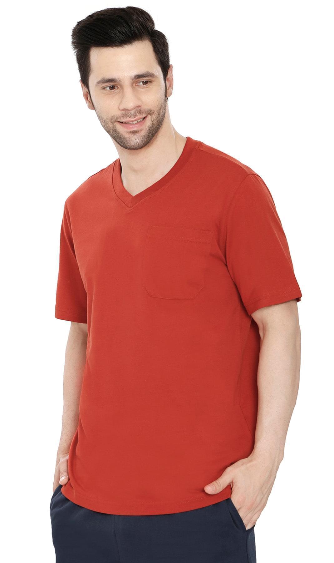 Men’s Short Sleeve Relaxed Fit V-Neck T-Shirt in Cotton Blend with Pocket
