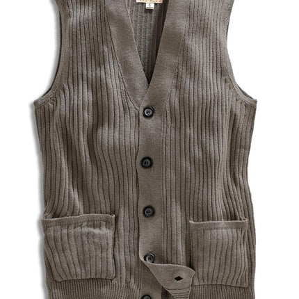 Men's Relaxed Fit Rib Knit Sweater Vest - Button Front with Pockets