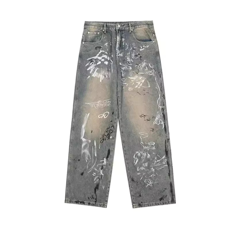 Grey Graffiti Baggy Jeans