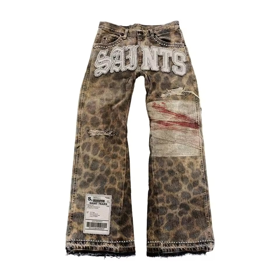 SAINTS Animal Print Embroidered Jeans