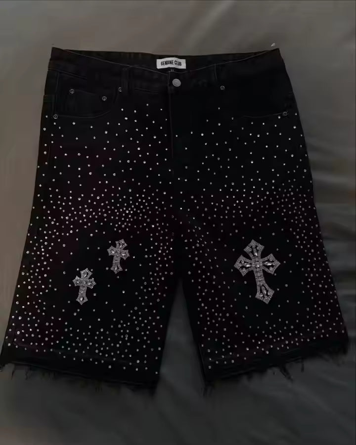 Cross Rhinestone Denim Shorts