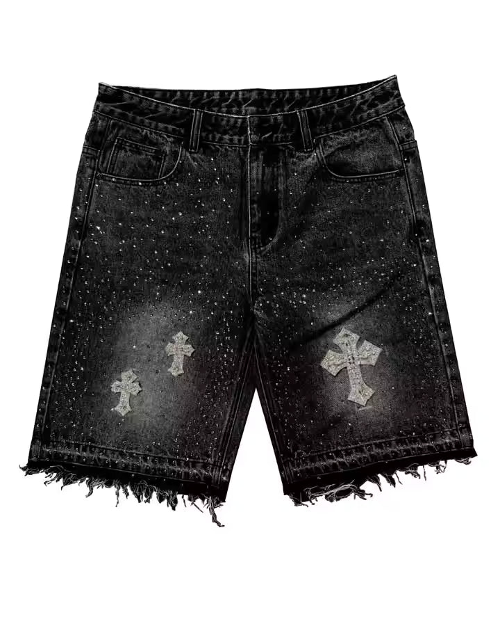 Cross Rhinestone Denim Shorts