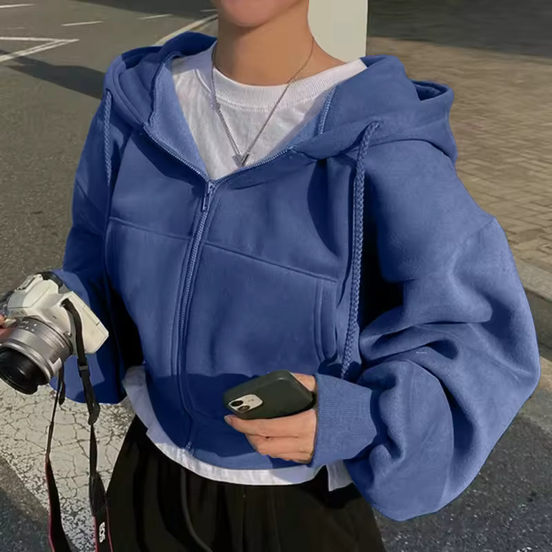 Solid Print Zip Up Crop Jacket