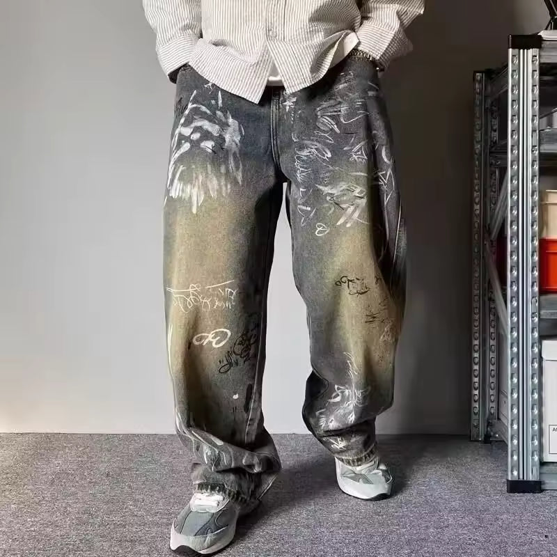 Grey Graffiti Baggy Jeans