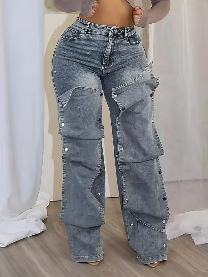 Studded Panel Wide Leg Jeans