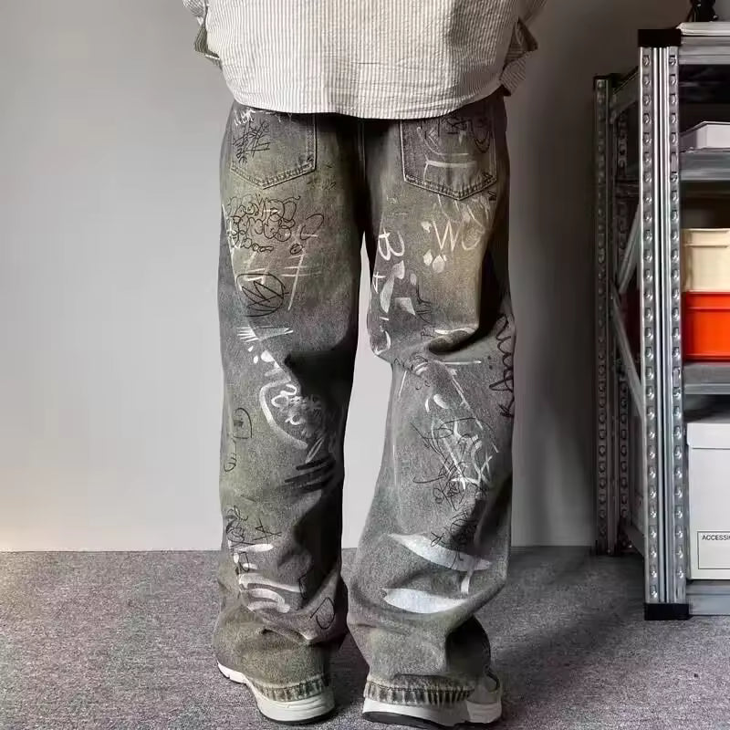 Grey Graffiti Baggy Jeans