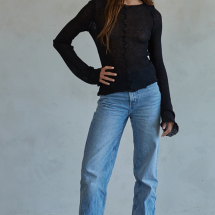 Knit Long Sleeve See Through Asymmetrical Top