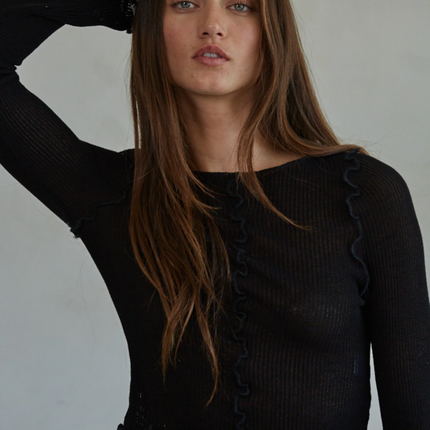 Knit Rayon Nylon Rib Cropped Long Sleeve Lettuce Edge Top