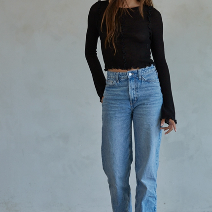 Knit Rayon Nylon Rib Cropped Long Sleeve Lettuce Edge Top