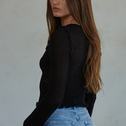 Knit Rayon Nylon Rib Cropped Long Sleeve Lettuce Edge Top