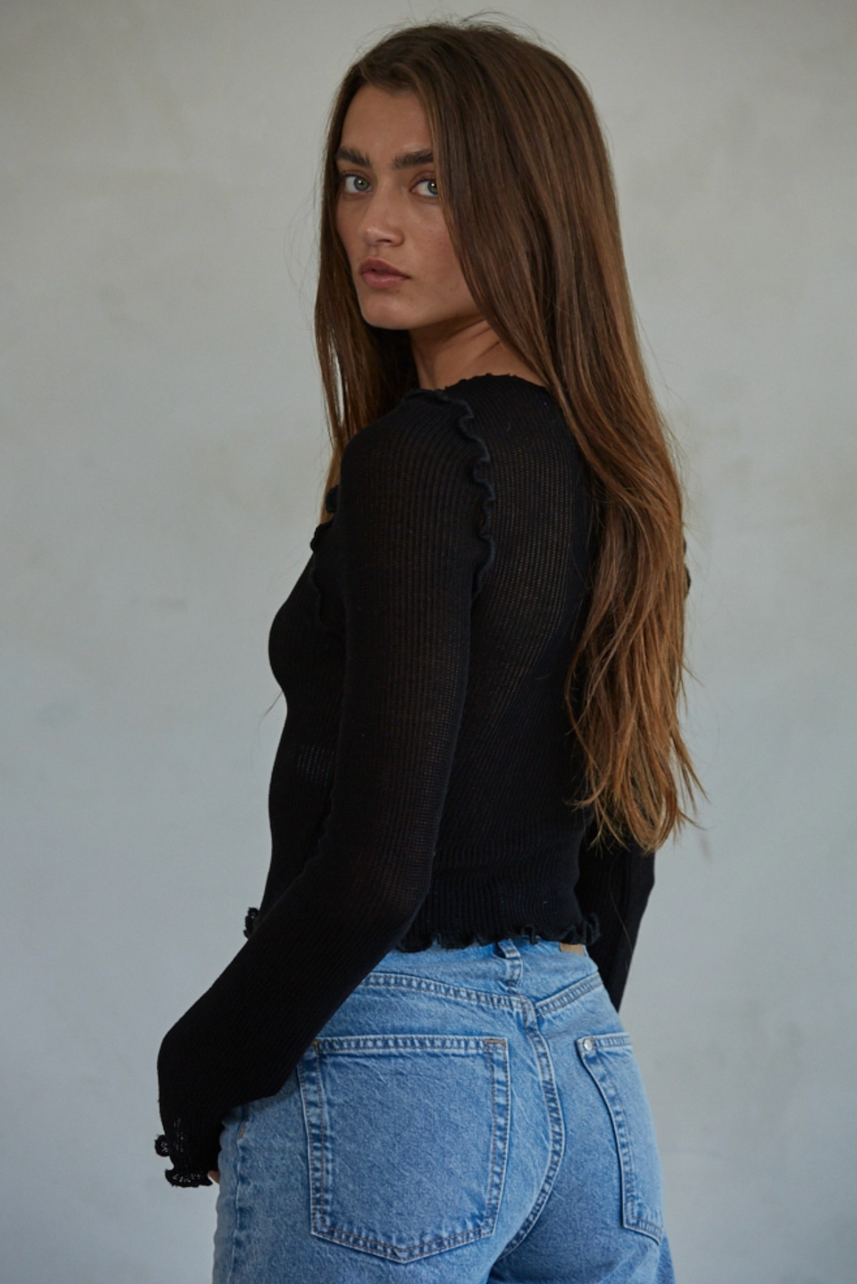 Knit Rayon Nylon Rib Cropped Long Sleeve Lettuce Edge Top