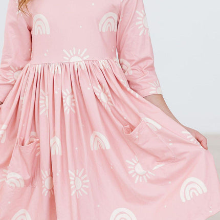 SALE Soft Pink Suns 3/4 Sleeve Pocket Twirl Dress
