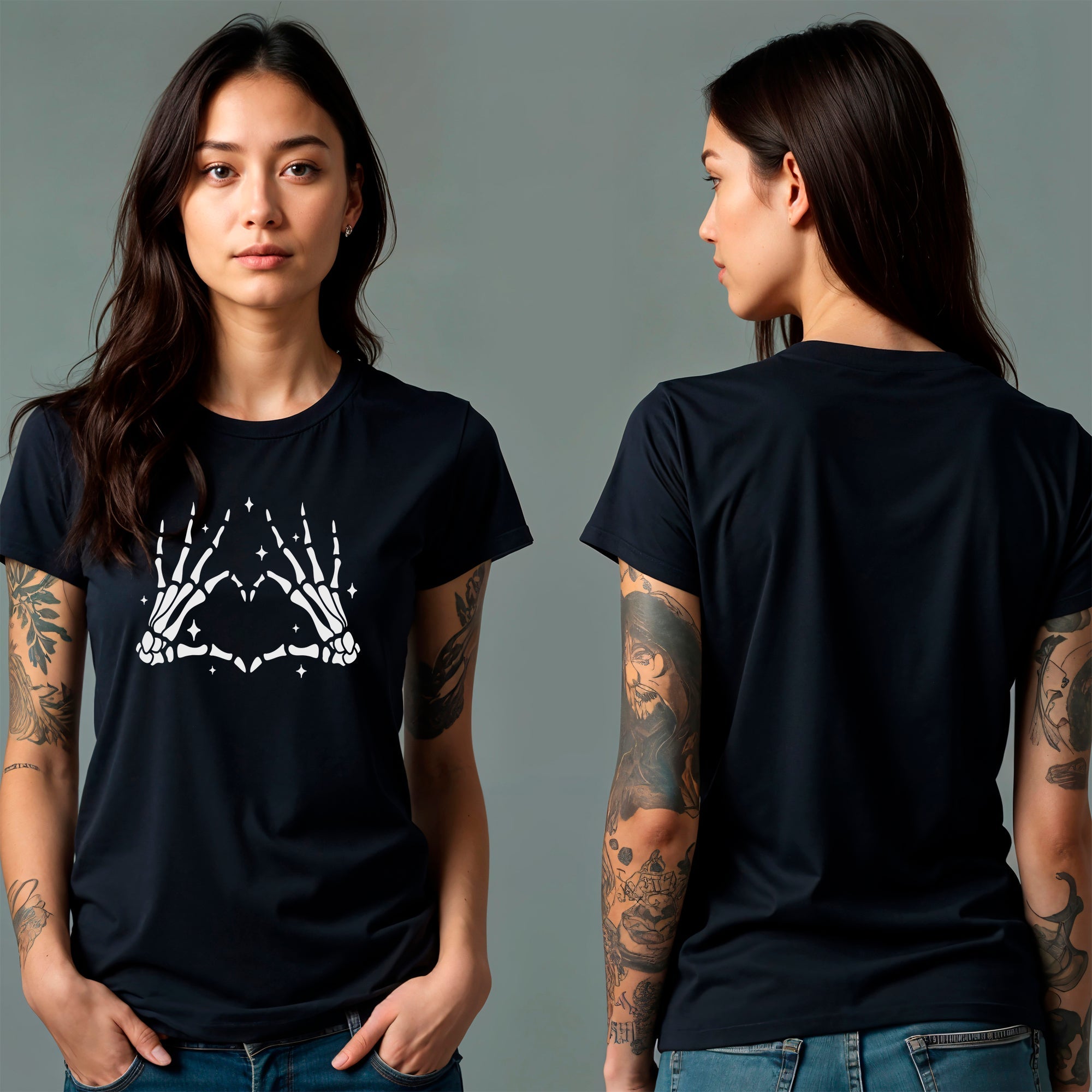 Glow in the Dark Dead Inside Heart Skeleton Hands Black Tee Shirt