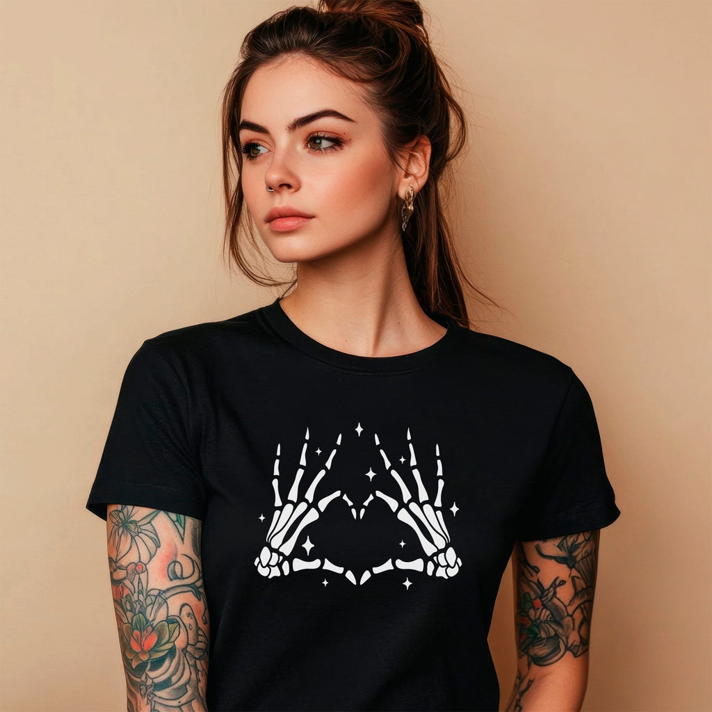 Glow in the Dark Dead Inside Heart Skeleton Hands Black Tee Shirt