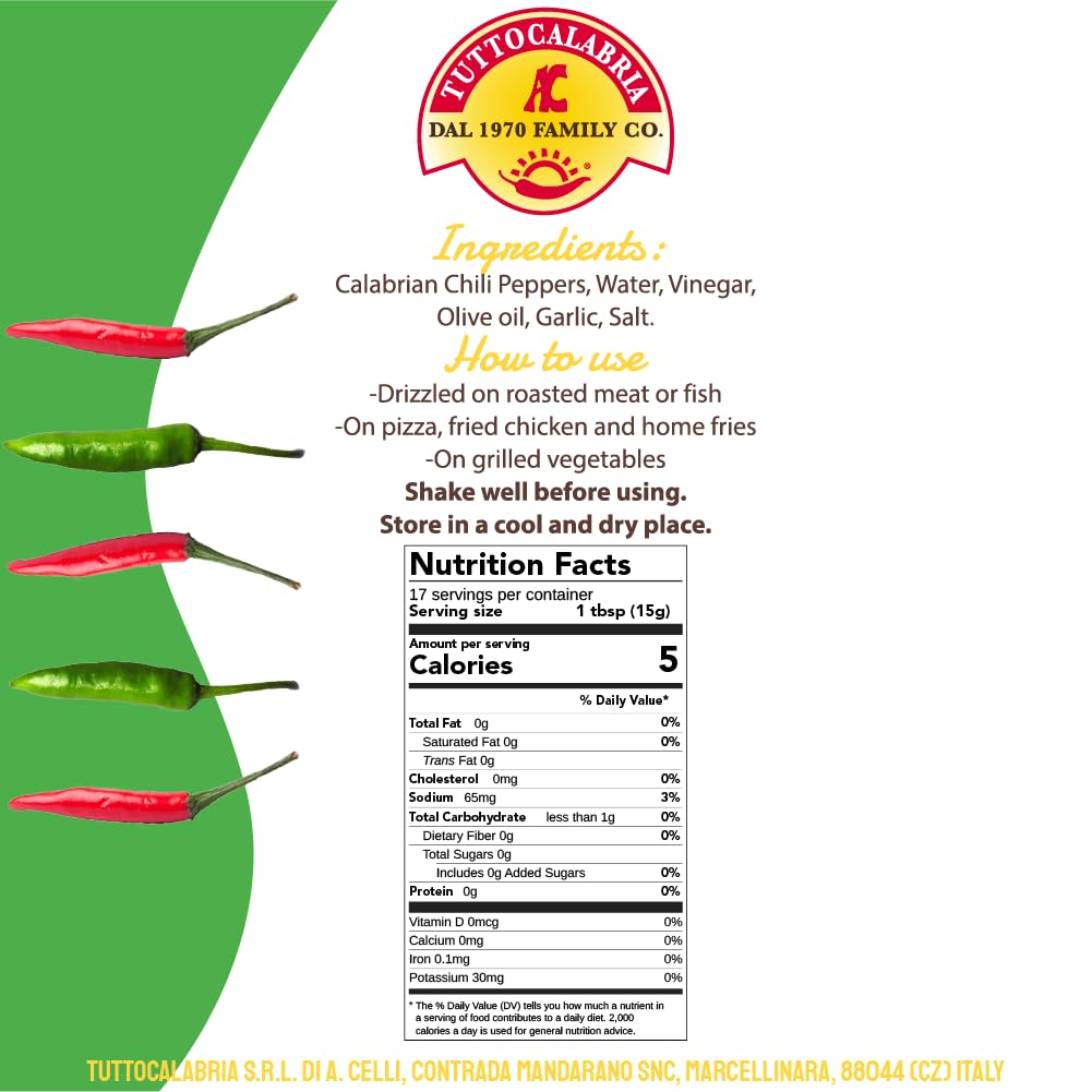 TuttoCalabria Authentic Smooth Calabrian Chili Pepper Sauce with Garlic, 250ml