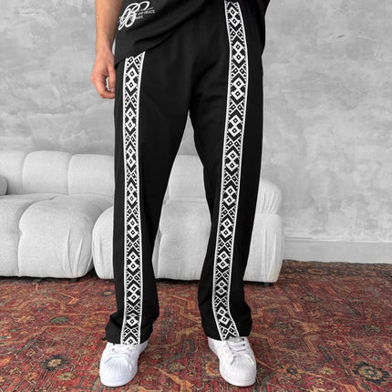 Unisex Cotton Joggers with Side Pattern / Black Streetwear Pants