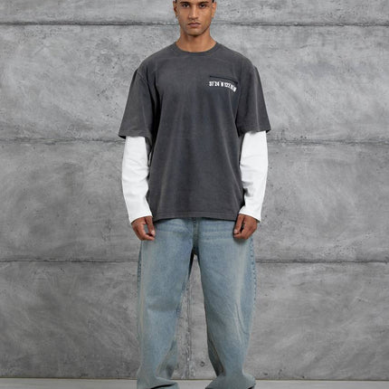 Unisex Layered Graphic T-Shirt – Distressed Boxy Long Sleeve