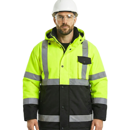 Kiwi High Visibility Hooded & Quilt Lined ANSI/ISEA 107-2020, Type R, Class 3 Two Tone Water Resistant Neon Safety Jacket [71300]