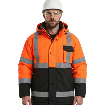 Kiwi High Visibility Hooded & Quilt Lined ANSI/ISEA 107-2020, Type R, Class 3 Two Tone Water Resistant Orange Safety Jacket [71400]