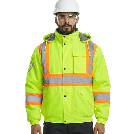 Kiwi High Visibility Hooded & Sherpa Lined ANSI/ISEA 107-2020, Type R, Class 3 Contrast Trimmed Water Resistant Neon Safety Jacket [71100]