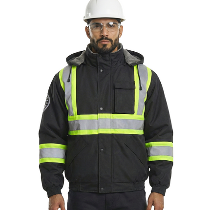 Kiwi High Visibility Hooded & Sherpa Lined ANSI/ISEA 107-2020 Reflector Contrast Trimmed Water Resistant Black Safety Jacket [71200]