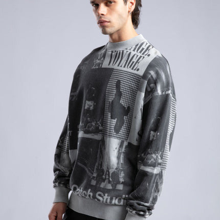 Vintage Wash Graphic Print Sweatshirt - Oversized "VOYAGE" Crewneck