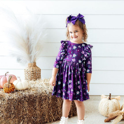 Violets in Bloom 3/4 Sleeve Ruffle Twirl Dress