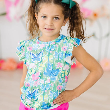 Watercolor Butterflies S/S Ruffle Tee