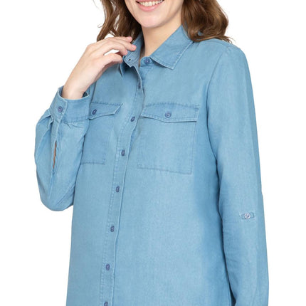 Women's Button Down Denim Shirt - Long Sleeve with Pocket Tops