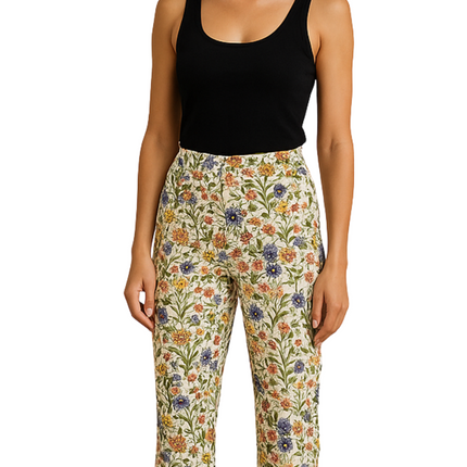 Women's Casual Botanical Bloom Capri Pants with Front Pockets and A Consealed Zipper