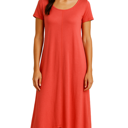 Women's Knit Wide Scoop Neck Short Sleeve Dress in A-line Aymmetrical Hem