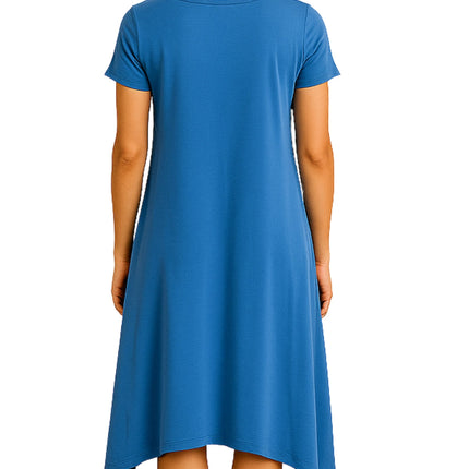 Women's Knit Wide Scoop Neck Short Sleeve Dress in A-line Aymmetrical Hem