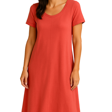Women's Knit Wide Scoop Neck Short Sleeve Dress in A-line Aymmetrical Hem